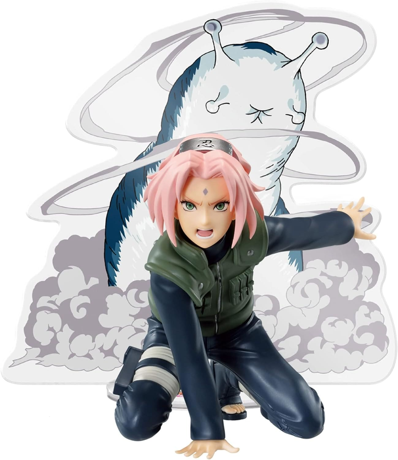 Anime-Figur eines pinkhaarigen Mädchens in Kampfpose mit einer großen Schnecke, vor einem wolkigen Hintergrund.