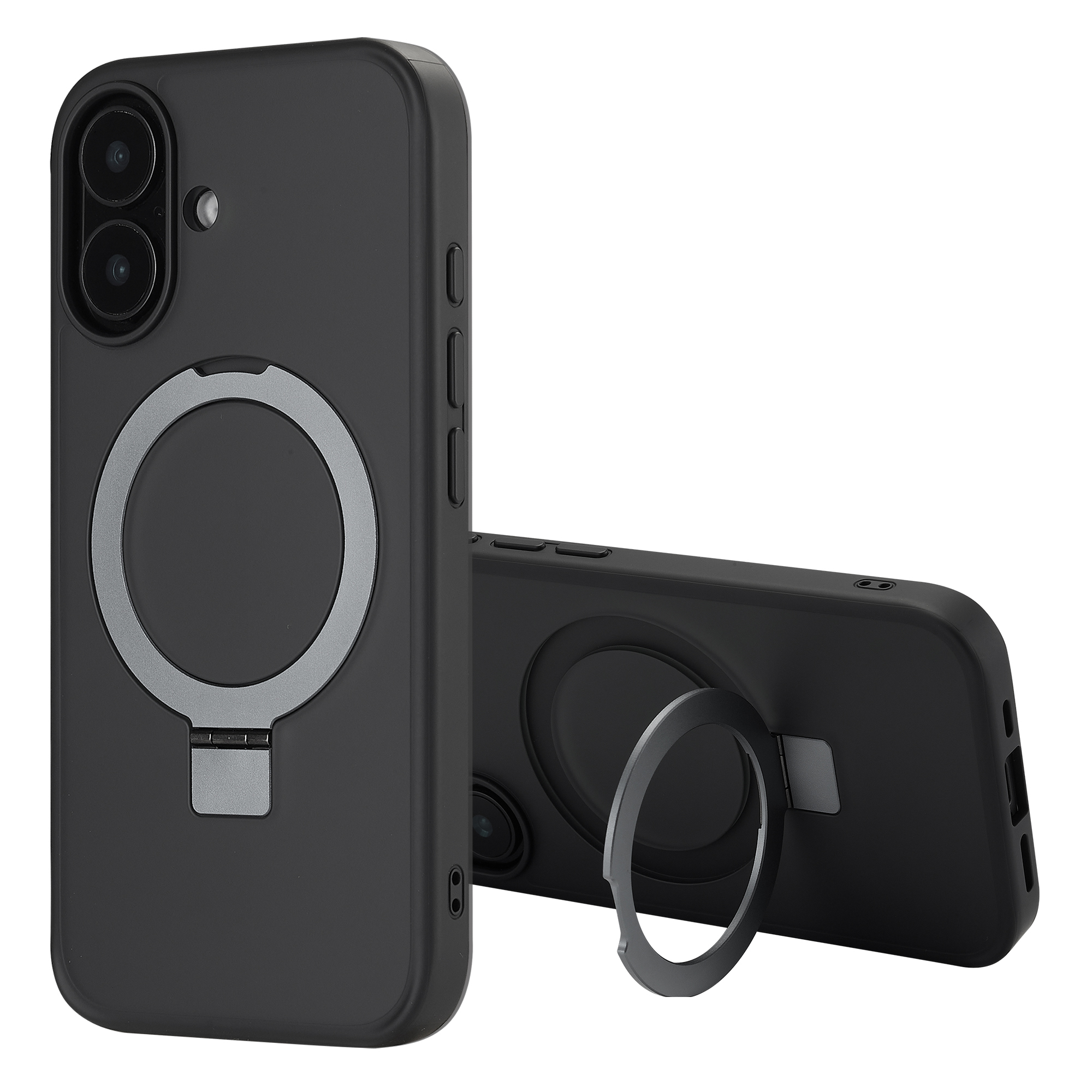 Coque de téléphone noire avec anneau argenté. Un étui ouvert avec le téléphone à l'intérieur. Fond blanc.