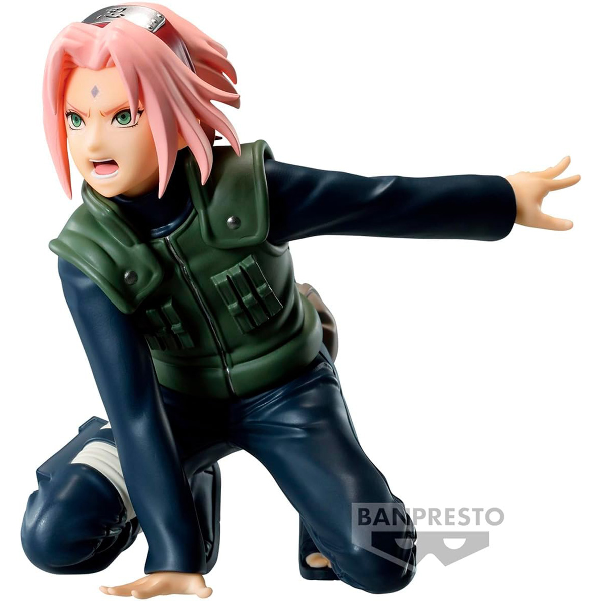 Eine Figur einer Anime-Figur mit rosa Haaren in Kampfhaltung, kniend mit einem Bein.