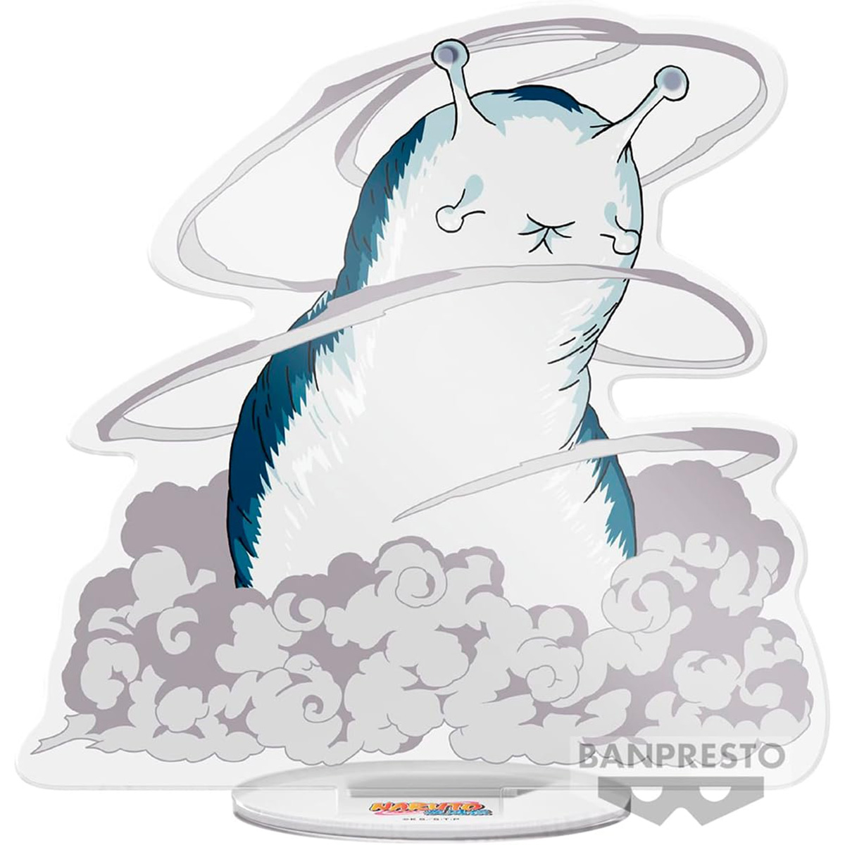 Ein Cartoon-Charakter aus Naruto in einer Rauchwolke auf einem Ständer mit Banpresto-Logo.