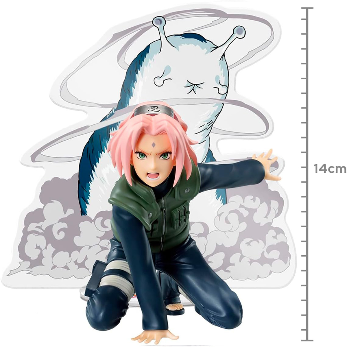 Sakura-Figur in Kampfpose mit einer großen, blauen Schnecke.