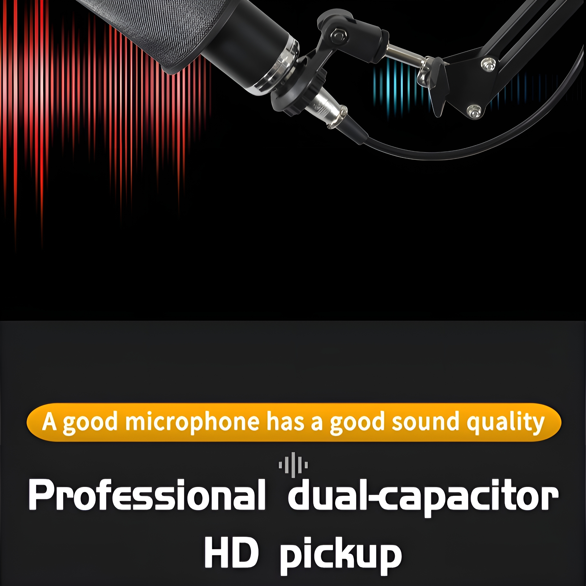 Ein schwarzes Mikrofon mit einem Mesh-Kopf und einem Textblock mit der Aufschrift 'Professional dual-capacitor HD pickup'.
