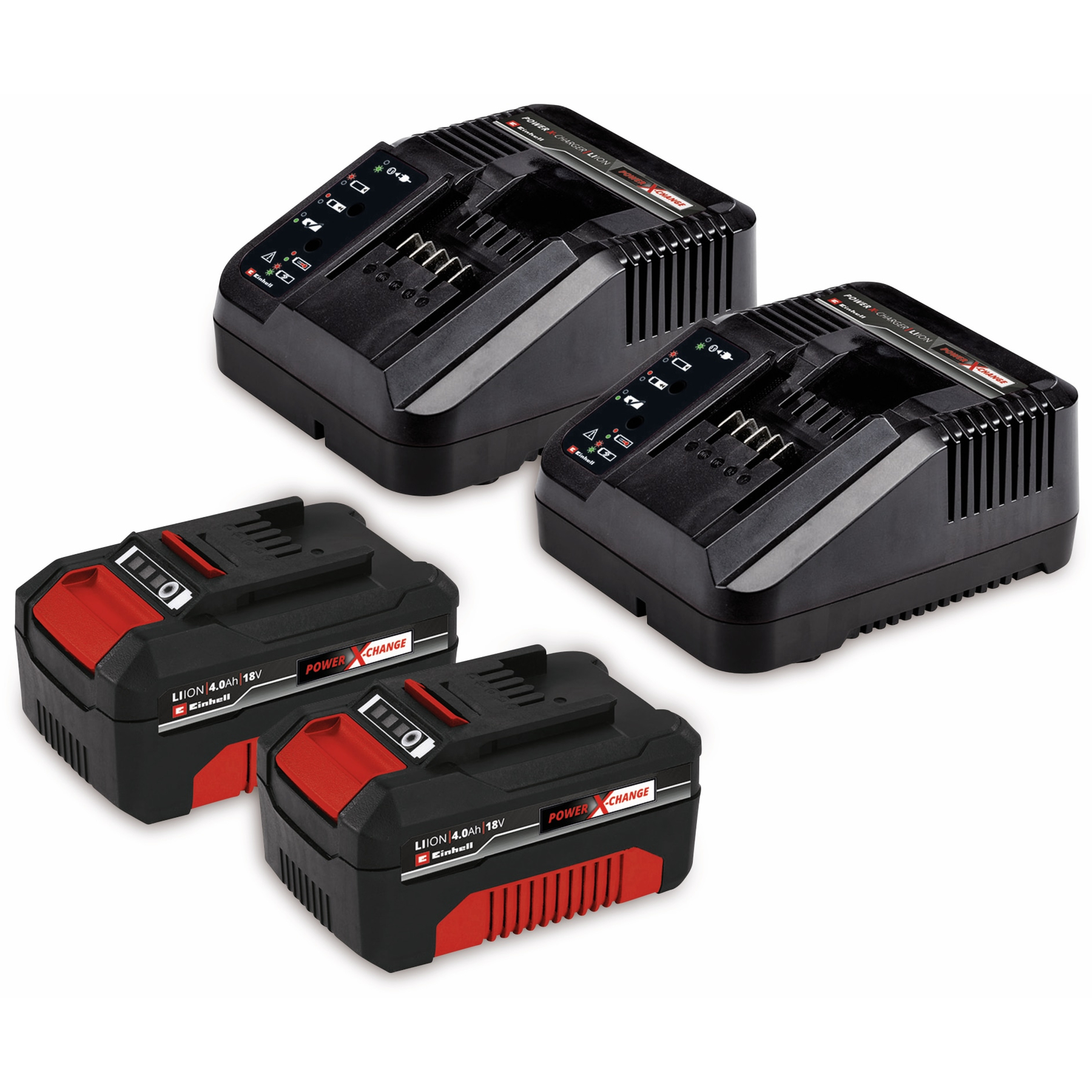 Zwei schwarze Batterieladegeräte und zwei rot-schwarze Batterien. Weißer Hintergrund.