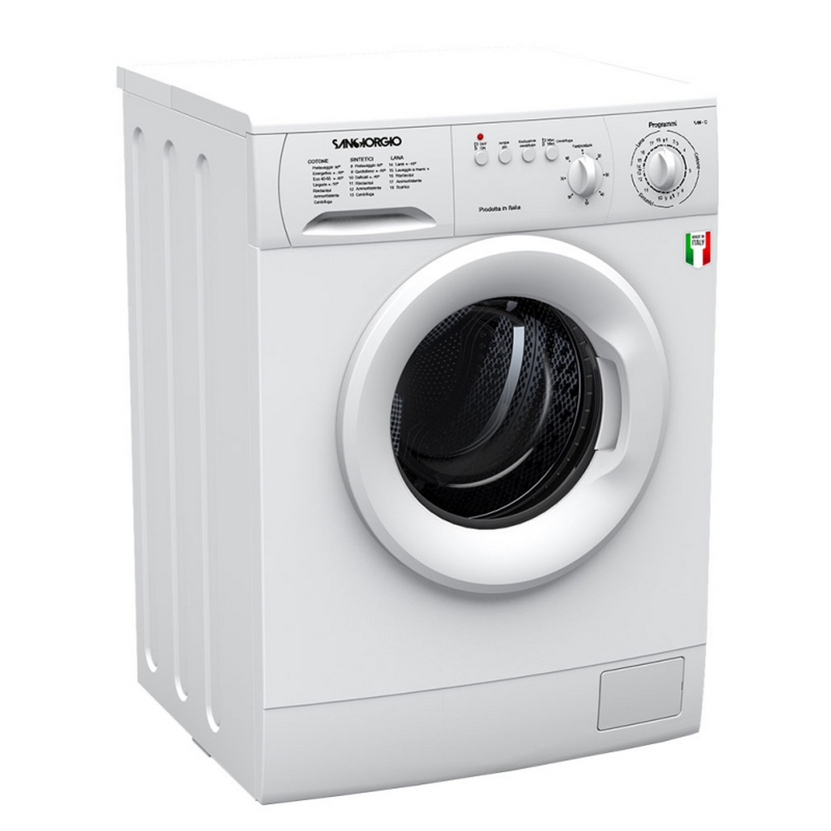 Lavatrice bianca con oblò rotondo, comandi e adesivo Made in Italy.