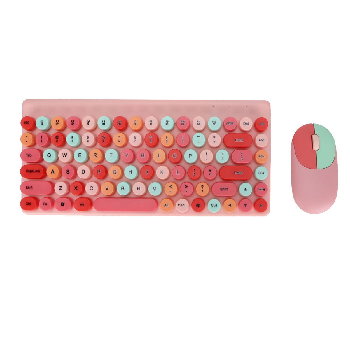 Rosa Tastatur und Maus mit bunten runden Tasten, auf weißem Grund.