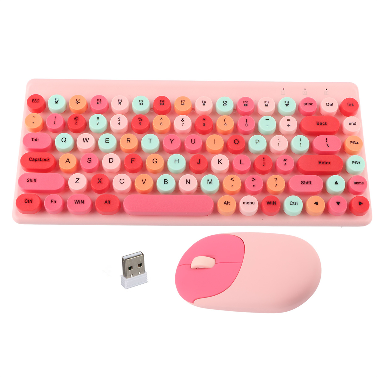 Eine rosa Tastatur mit runden Tasten und eine passende Maus, plus USB-Empfänger.