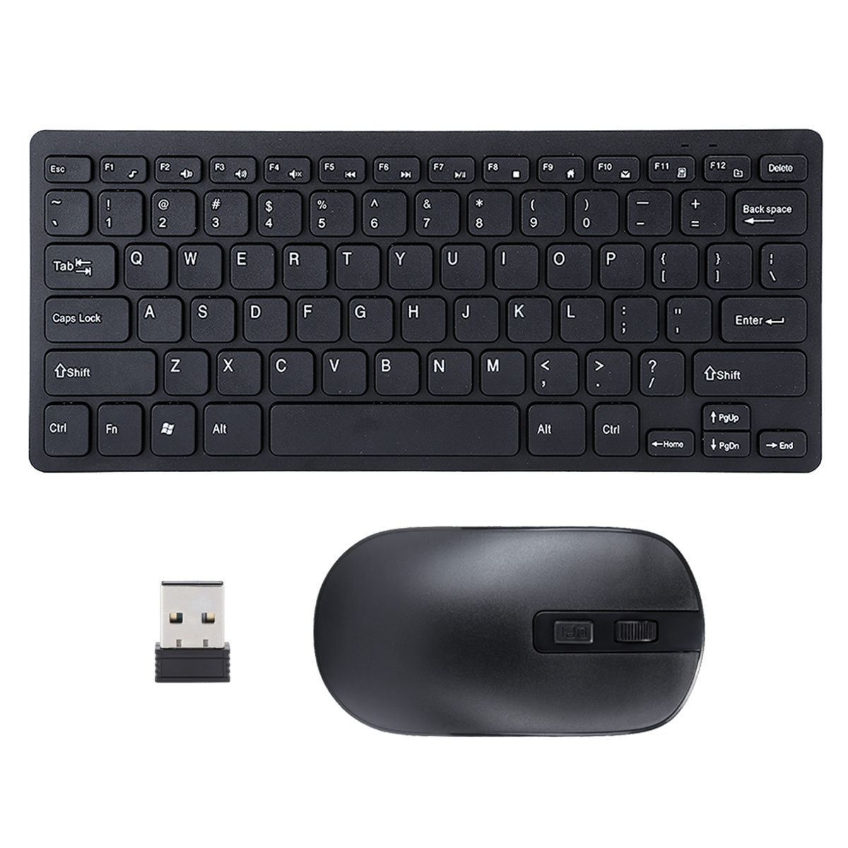 Schwarze Tastatur und Maus-Kombination. Tastatur hat Tasten und USB-Empfänger neben der Maus.