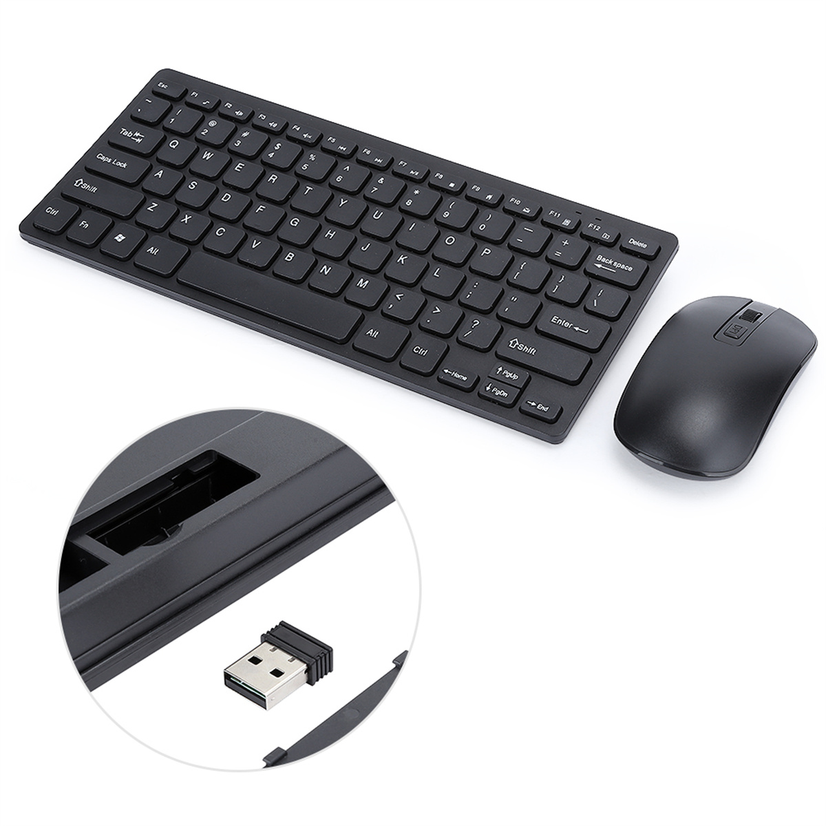 Schwarze Tastatur und Maus mit USB-Empfänger.