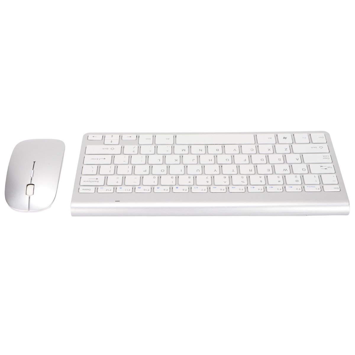 Silbernes kabelloses Tastatur- und Maus-Set. Weiße Tasten auf der Tastatur.