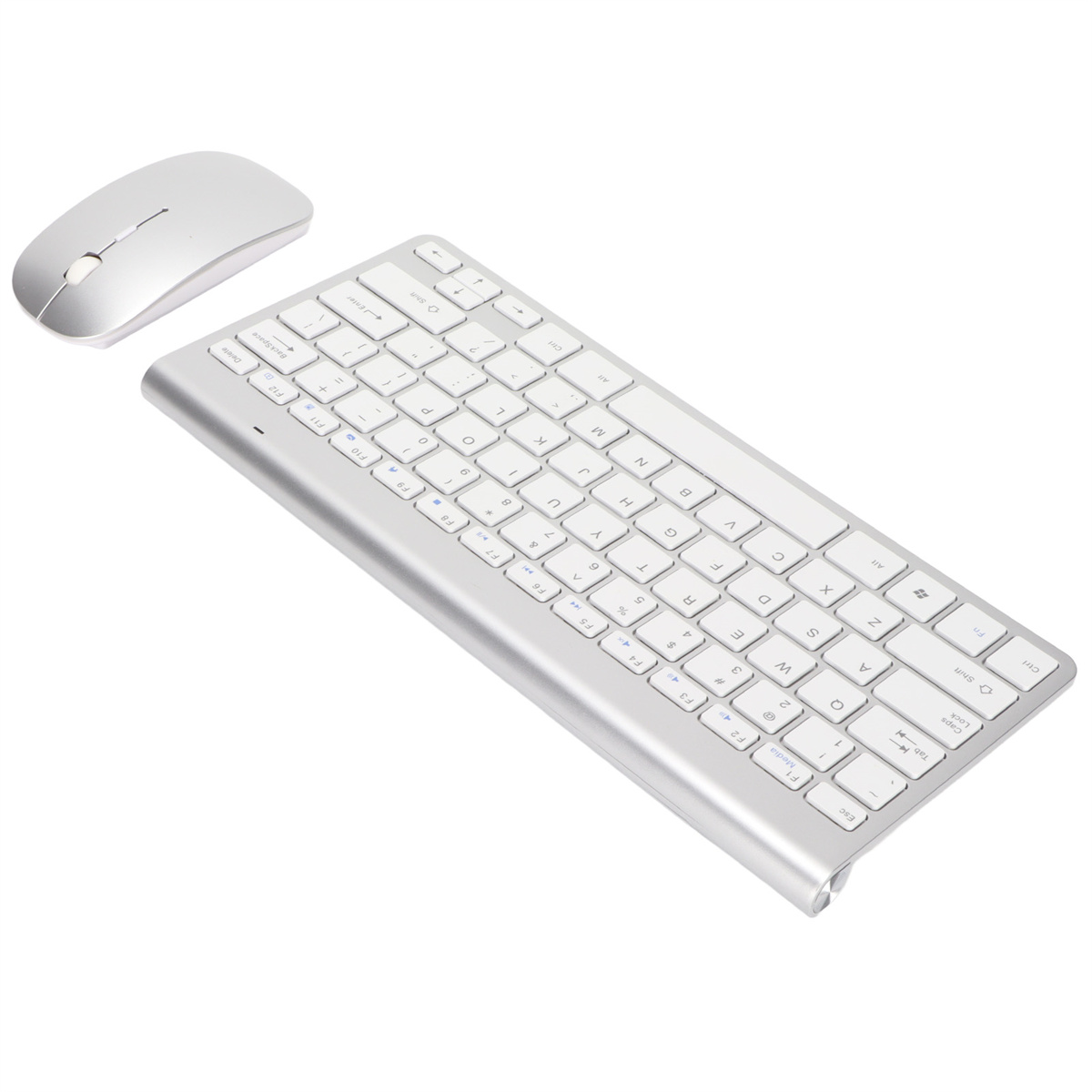 Eine silberne Tastatur und Maus auf weißem Hintergrund.
