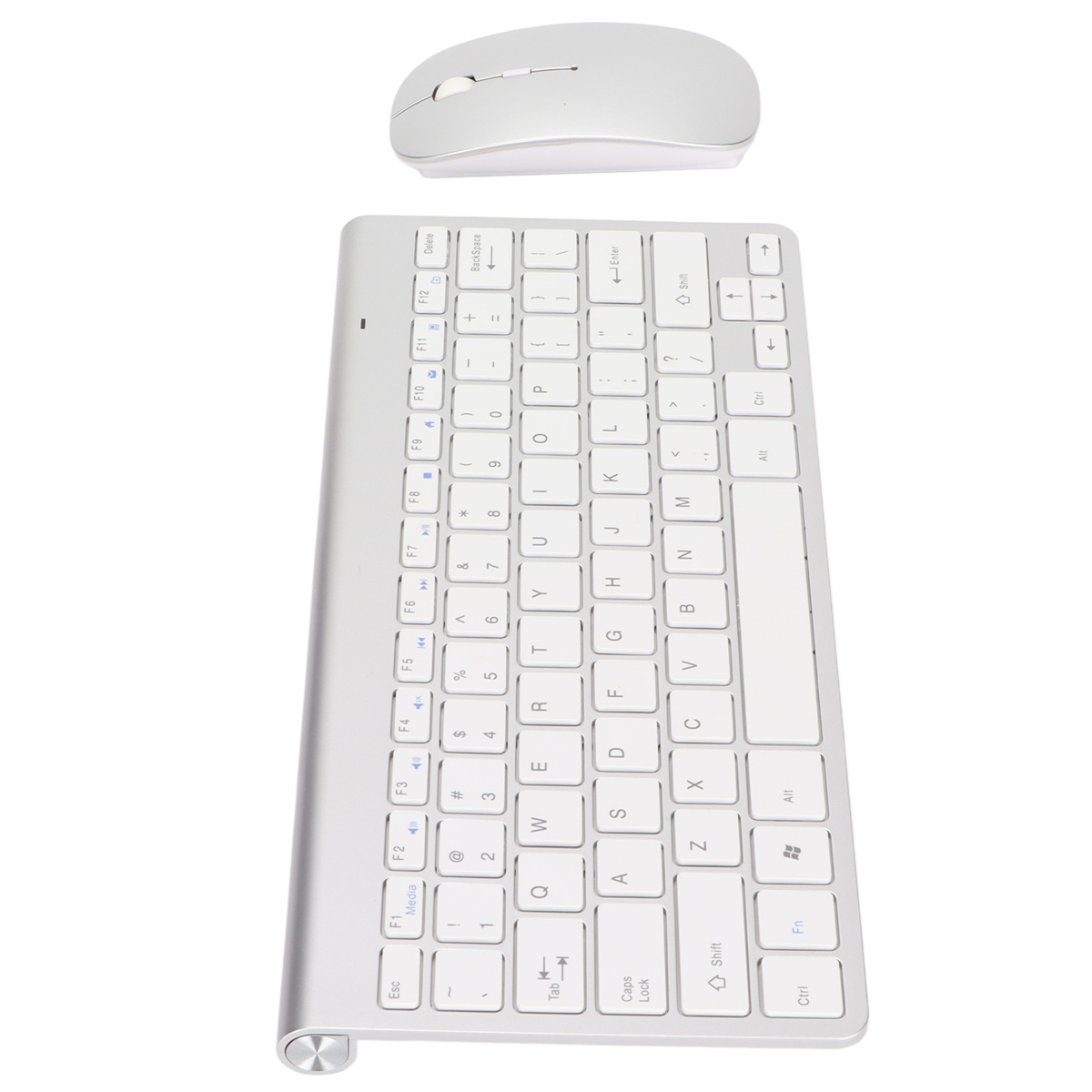 Ein weißes kabelloses Tastatur- und Maus-Set. Die Tastatur hat einen silbernen Sockel und ist Standardgröße.