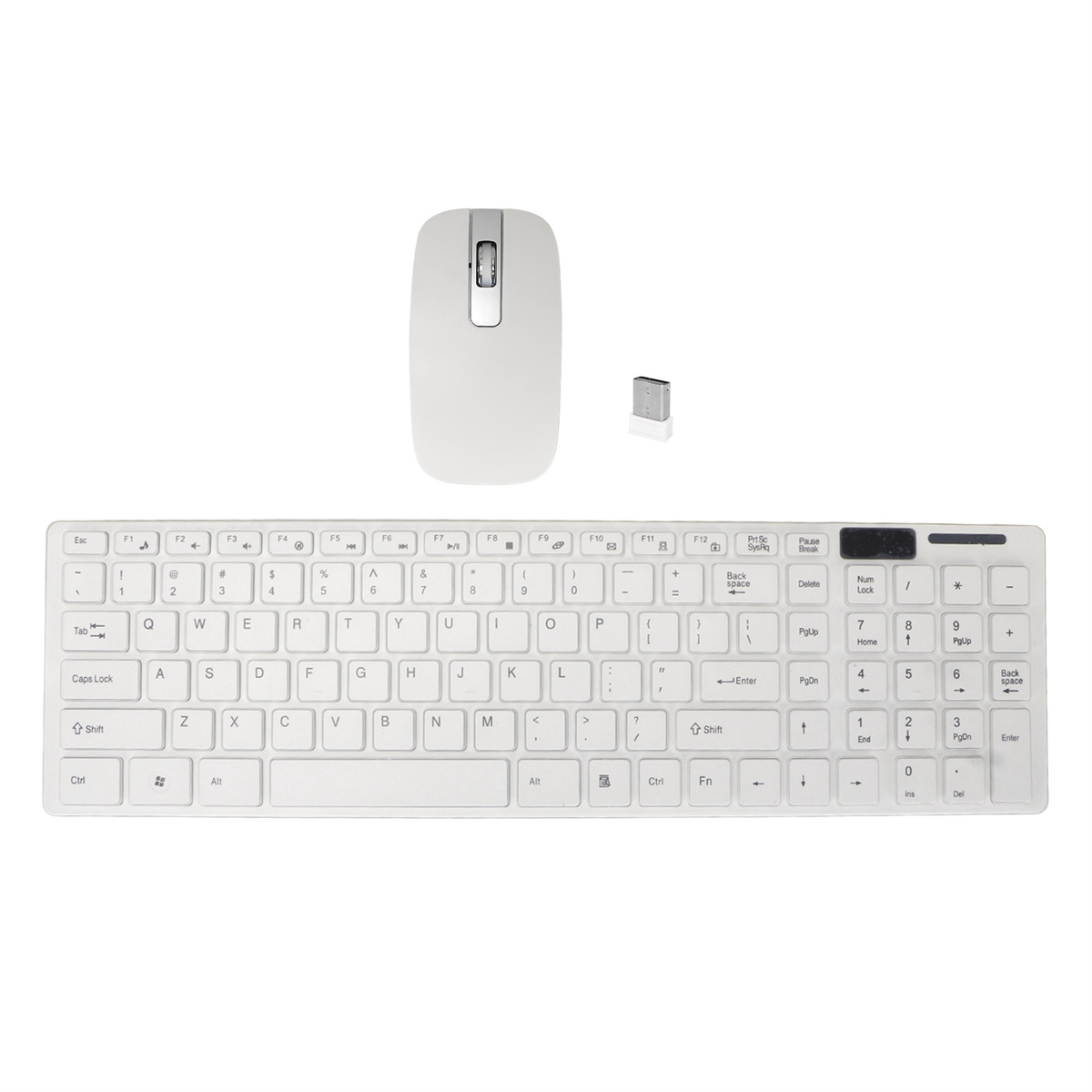 Weiße drahtlose Tastatur, Maus und USB-Empfänger. Die Tastatur hat viele Tasten, die Maus ist oval.
