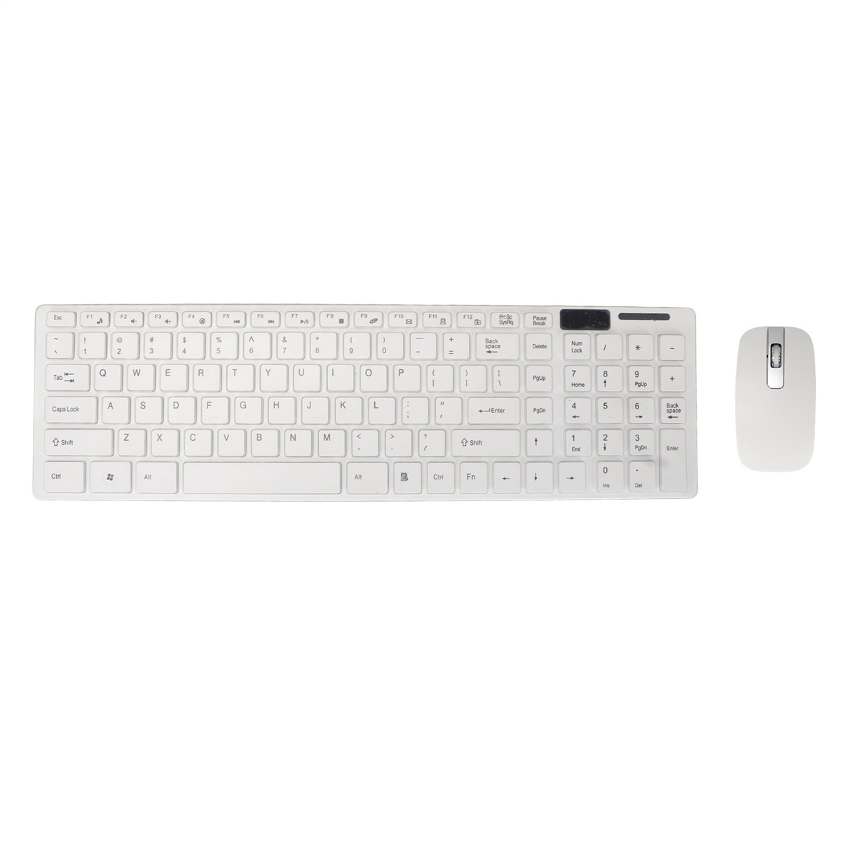 Eine weiße kabellose Tastatur und Maus. Die Tastatur hat weiße Tasten mit schwarzer Schrift.