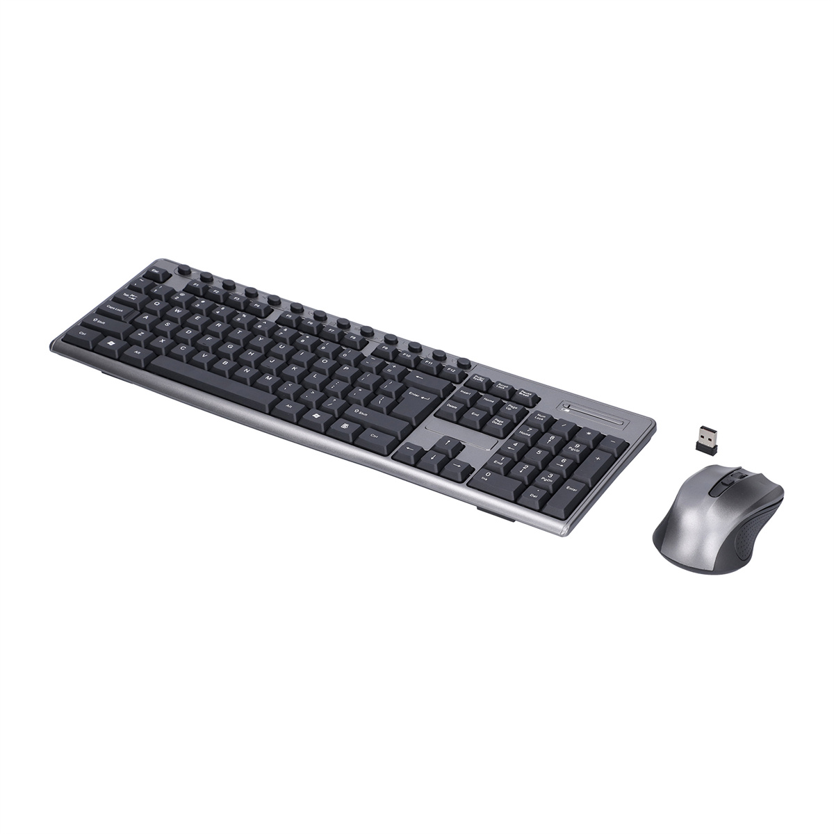 Eine silberne und schwarze Tastatur mit passender Maus und USB-Empfänger.