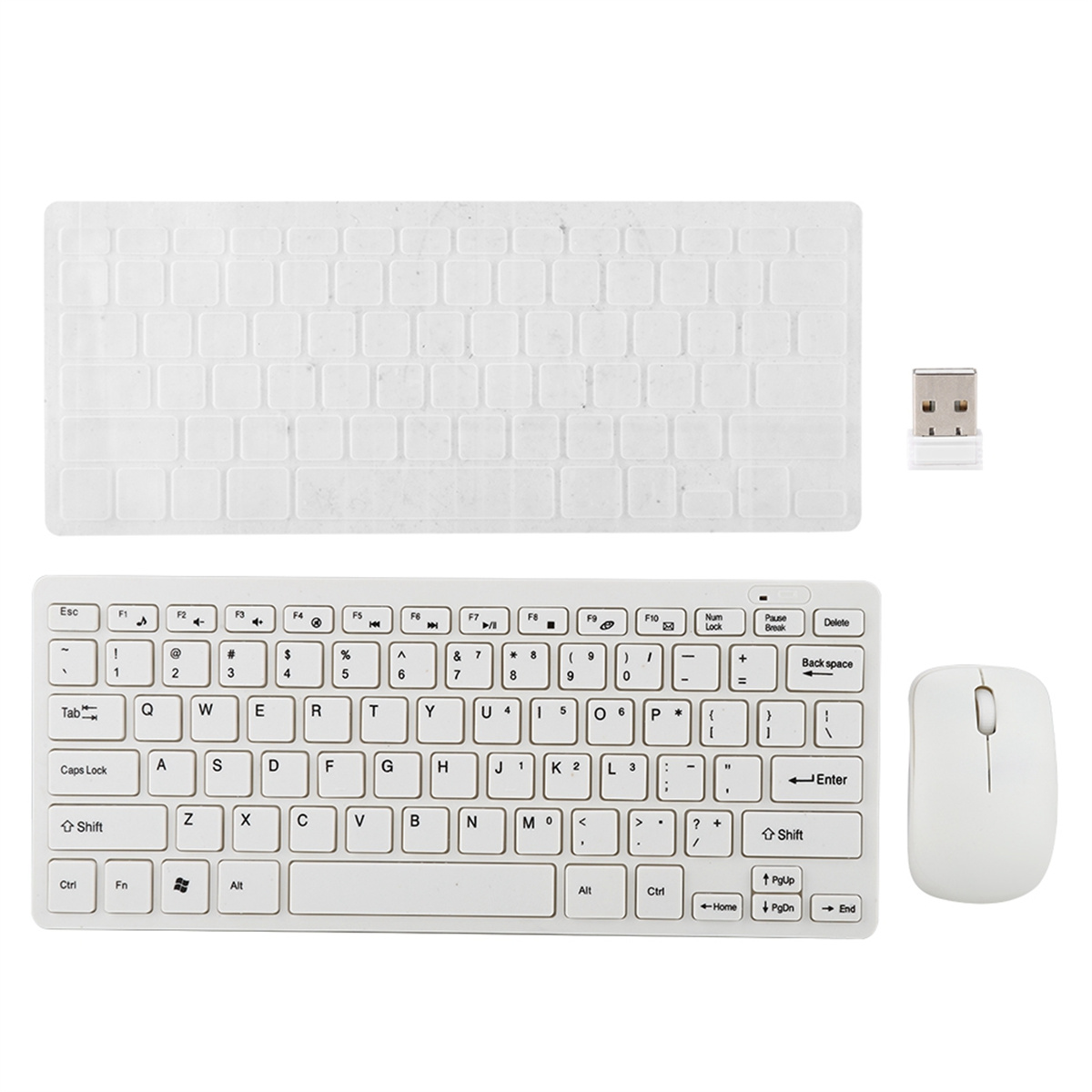 Ein weißes Tastatur- und Maus-Set. Die Tastatur hat eine Abdeckung, und die Maus hat ein Scrollrad.