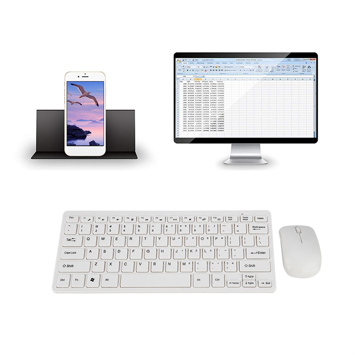 Ein Smartphone, ein Monitor, eine Tastatur und eine Maus sind angeordnet. Das Telefon zeigt ein Vogelbild. Der Monitor zeigt Daten.