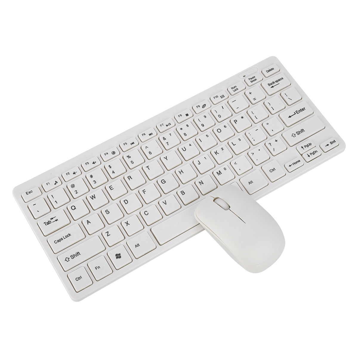 Ein weißes Tastatur- und Maus-Set. Die Tastatur ist kompakt, und die Maus ist weiß und ergonomisch.