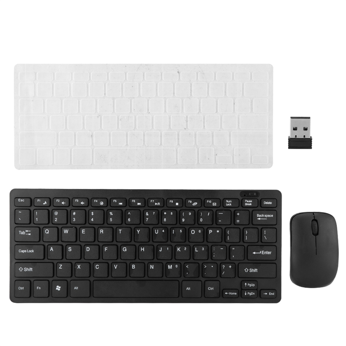 Schwarzes Tastatur- und Maus-Set. Die Tastatur hat eine weiße Abdeckung. Beides auf weißem Untergrund.