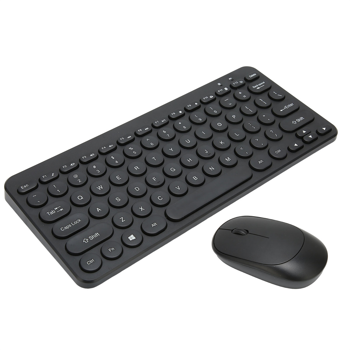 Schwarze kabellose Tastatur und Maus. Tastatur hat runde Tasten. Maus ist klein und oval.