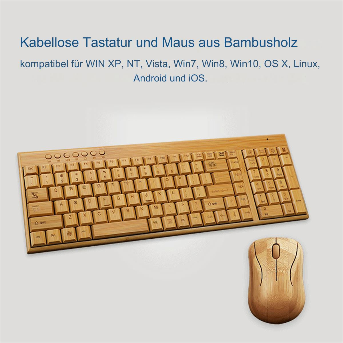 Bambus-Tastatur und -Maus. Die Tastatur hat viele Tasten, die Maus ist rechts.