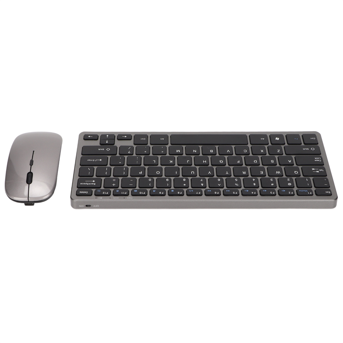 Ein graues Tastatur- und Maus-Set. Die Tastatur ist ein Rechteck, und die Maus ist oval. Beide sind grau.