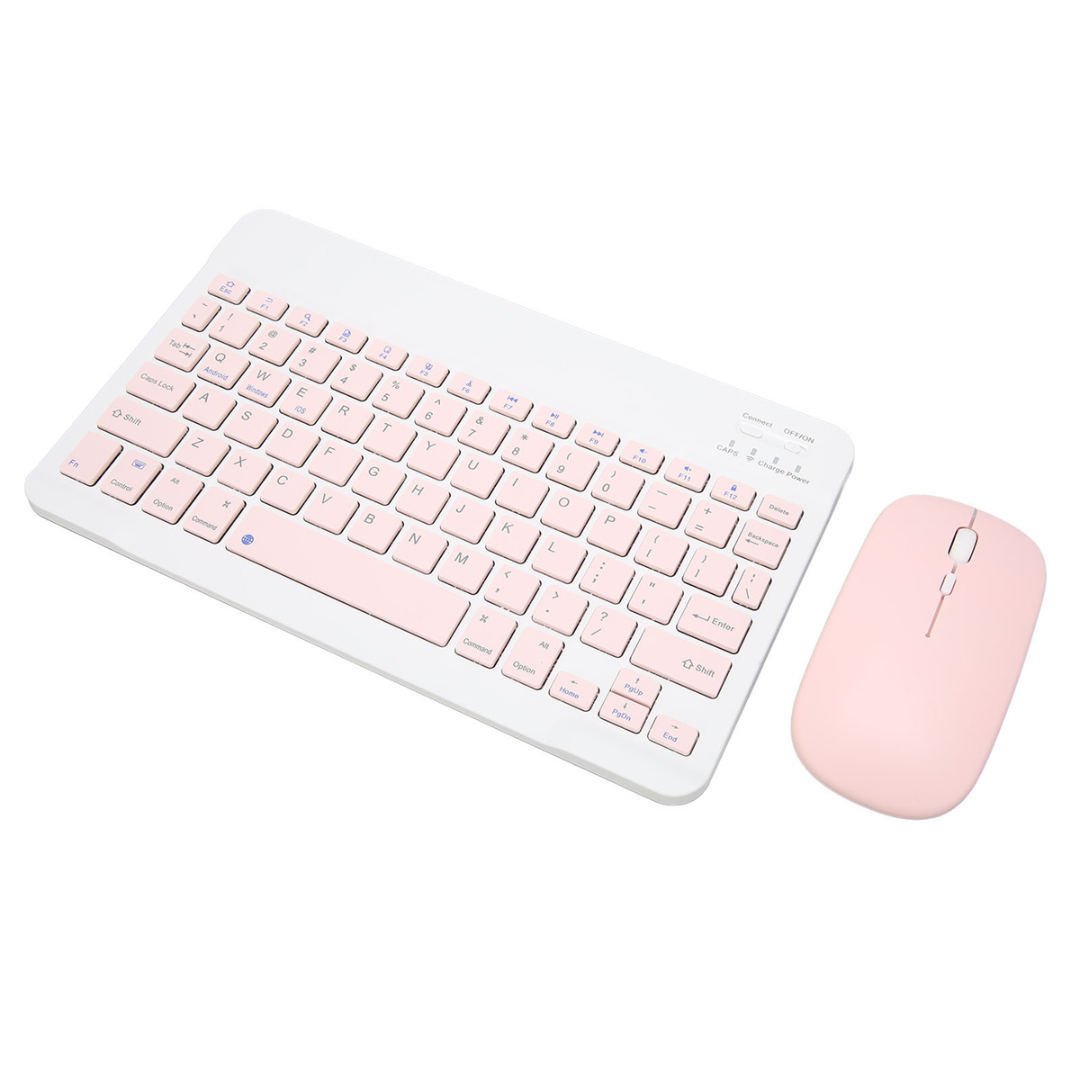 Rosa Tastatur und Maus. Die Tastatur hat rosa Tasten und die Maus passt zur Tastatur.