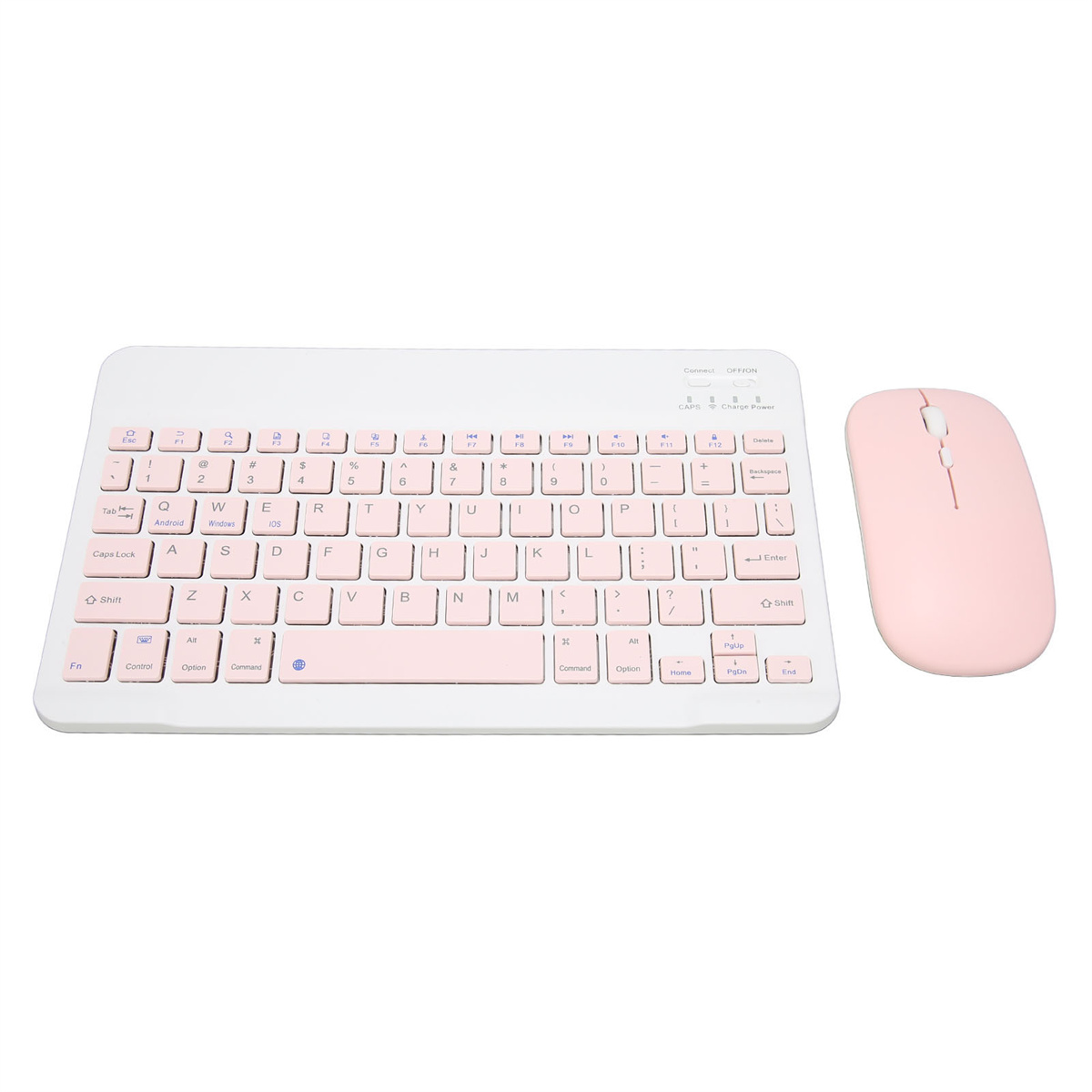 Rosa Tastatur und Maus. Die Tastatur ist weiß mit rosa Tasten, die Maus rosa.