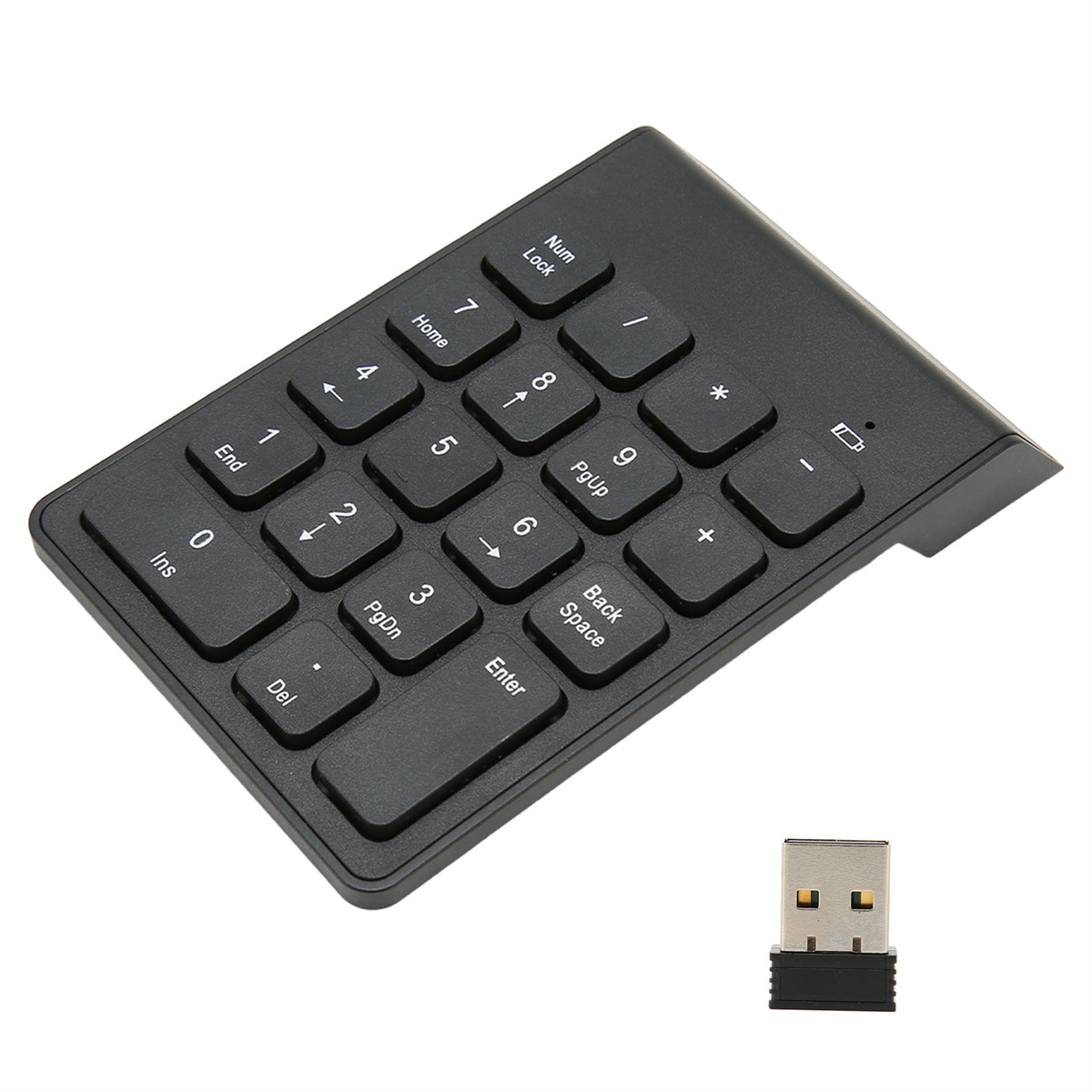 Ein schwarzer Ziffernblock mit einem USB-Empfänger. Er hat eine Reihe von Tasten und eine Batteriestandsanzeige.