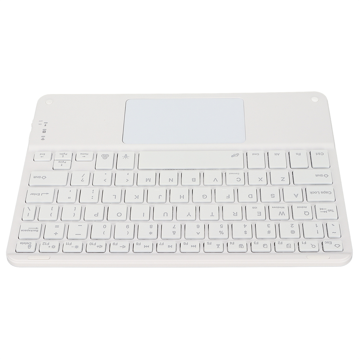 Weiße Tastatur mit Touchpad, Draufsicht, mit weißen Tasten und einem weißen Rahmen.