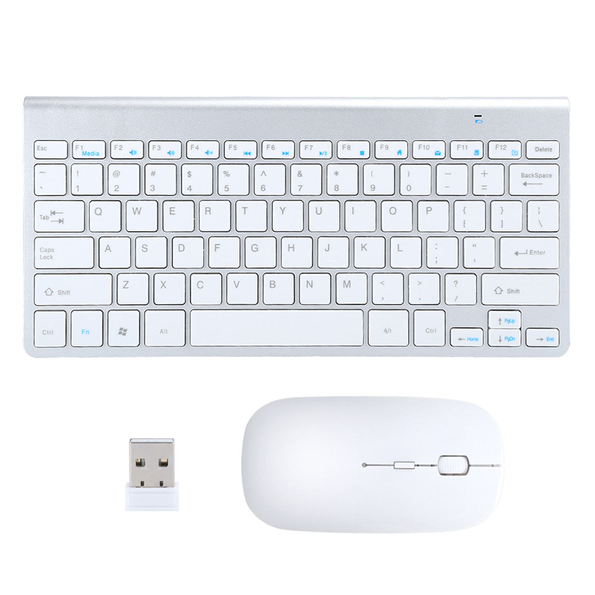 Eine weiße Tastatur, Maus und USB-Empfänger auf weißem Hintergrund.