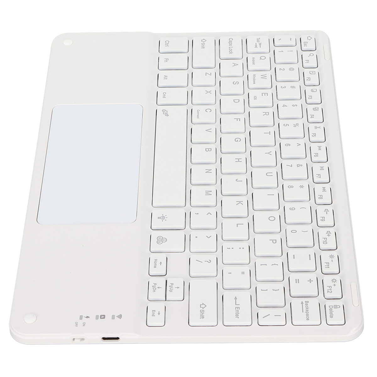 Weiße kabellose Tastatur mit Touchpad und mehreren Tasten, flach liegend.