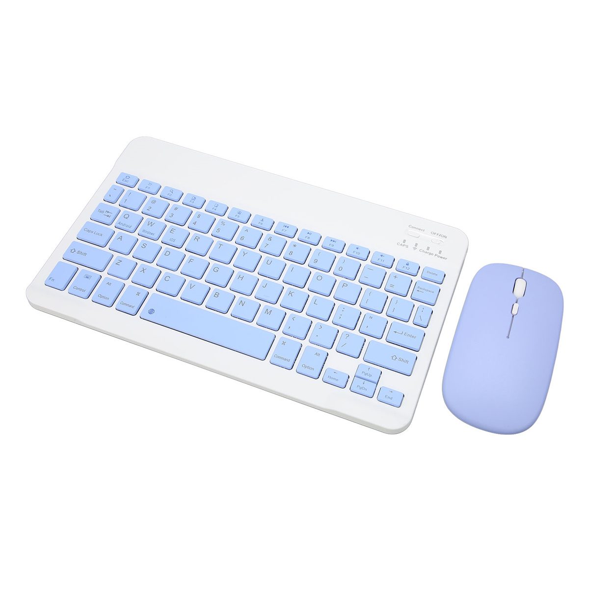 Weiße Tastatur mit blauen Tasten. Blaue Maus ist rechts. Die Tasten sind blau und weiß.