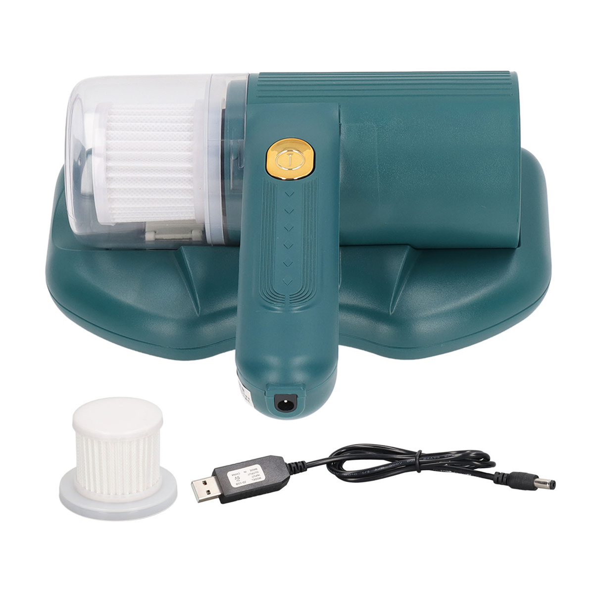 Grüner Handstaubsauger mit Filter und Ladekabel, alles auf weißem Hintergrund.