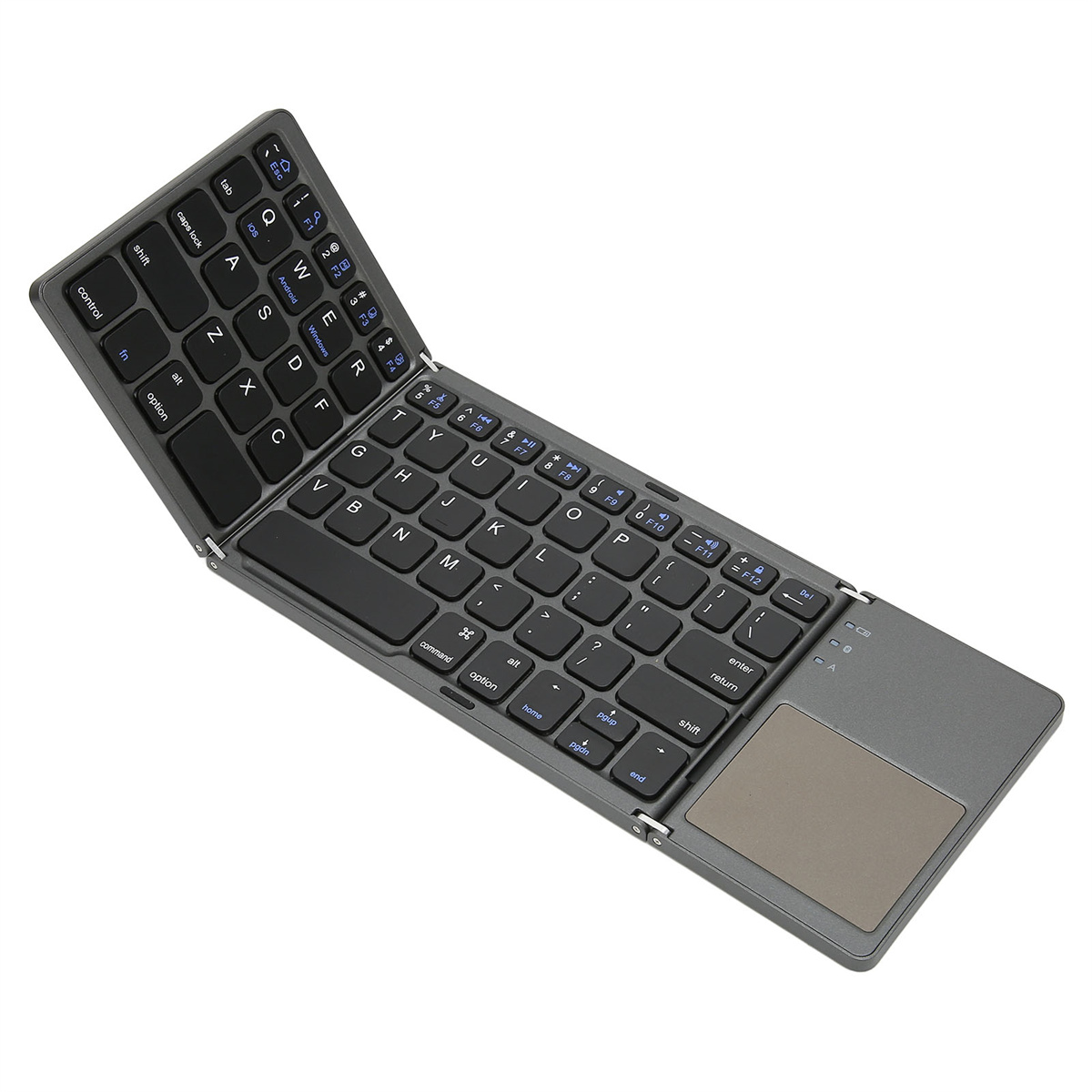 Faltbare graue Tastatur mit Touchpad, Tasten und Funktionstasten. Teilweise geöffnet.