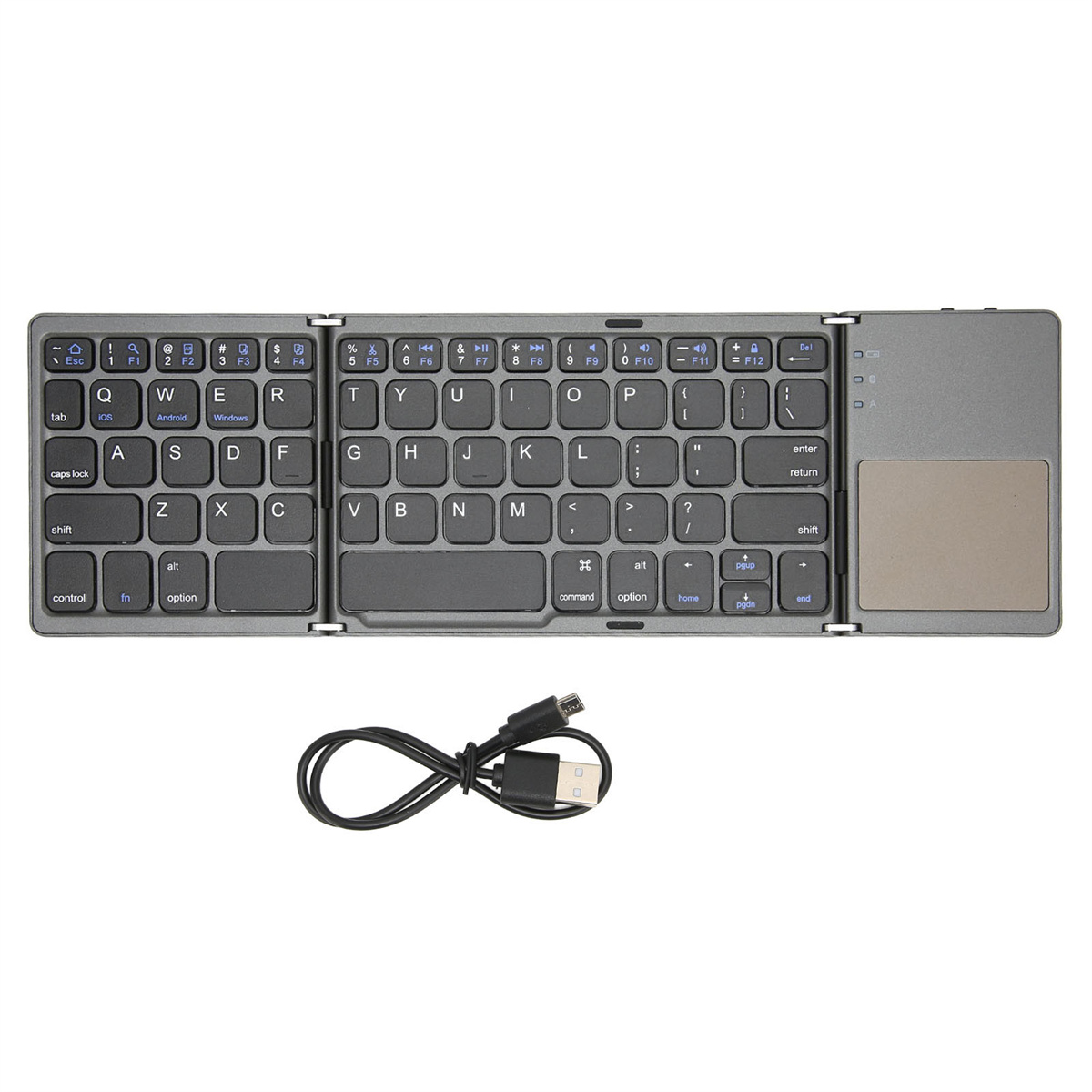 Faltbare Tastatur, dunkelgrau mit Touchpad, USB-Kabel. Weißer Hintergrund.