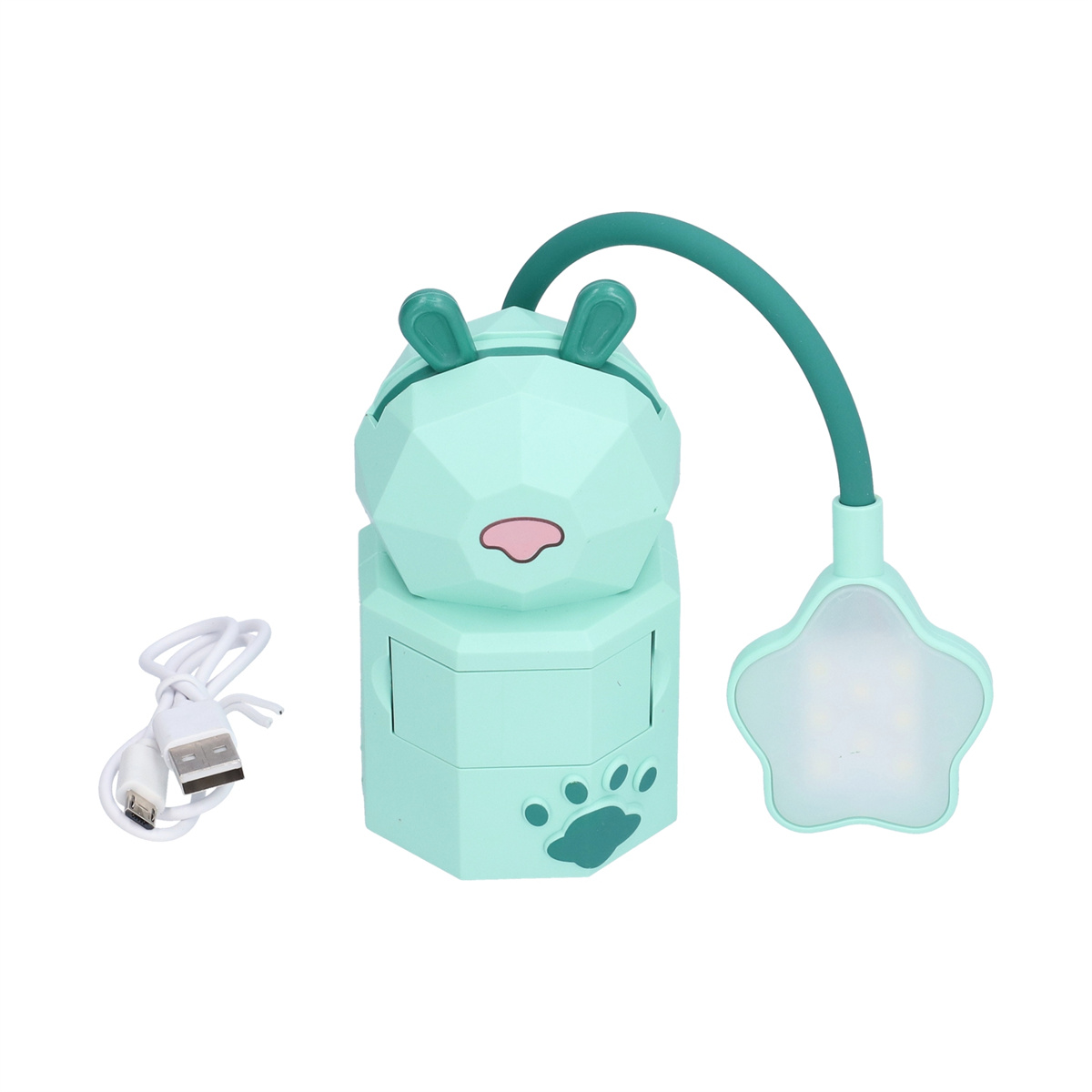 Eine niedliche, hellgrüne, hasenförmige Lampe, sternförmiger Lichtkopf und USB-Kabel.