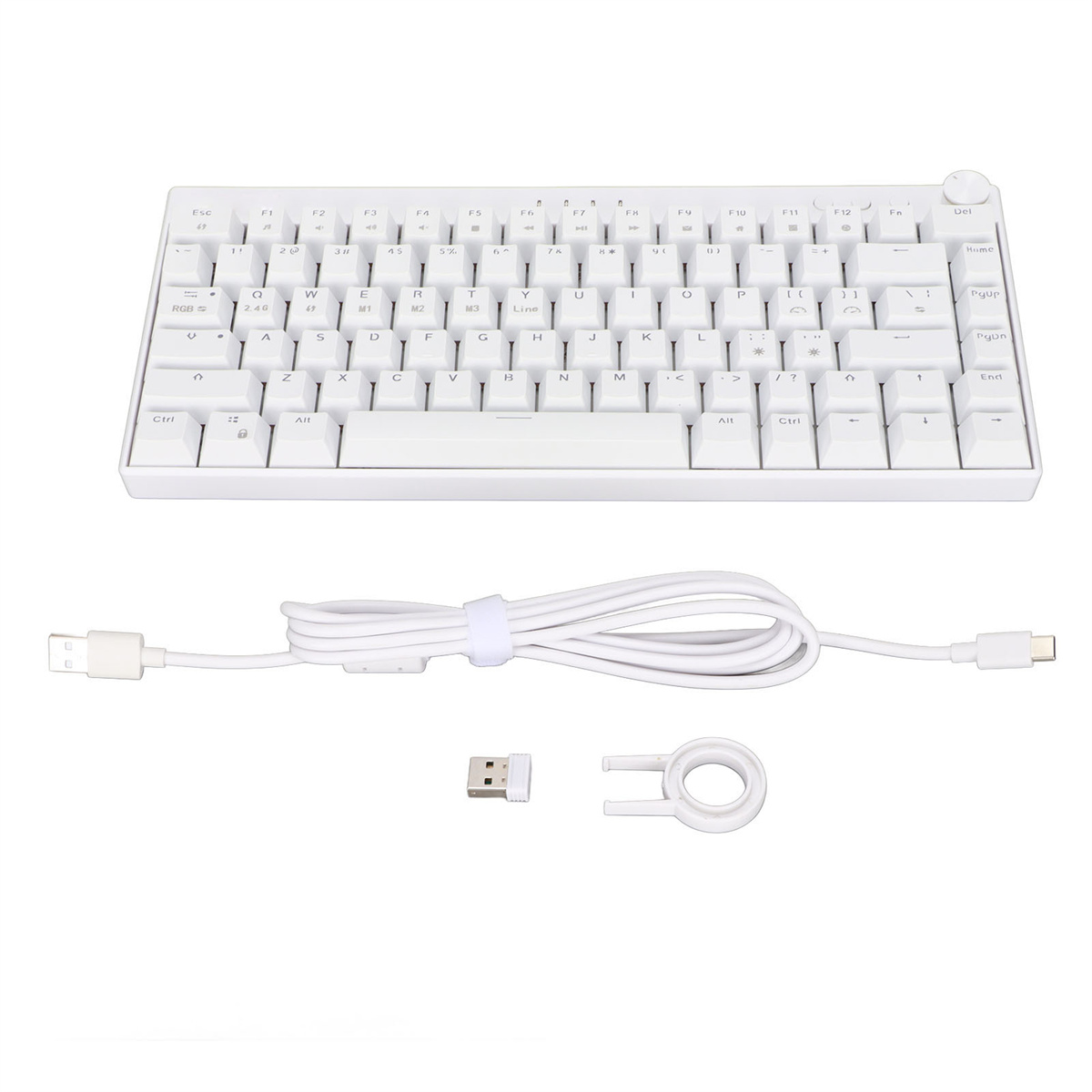 Weiße Tastatur mit Tasten, USB-Kabel, Stecker und Keycap-Abzieher auf weißer Oberfläche.