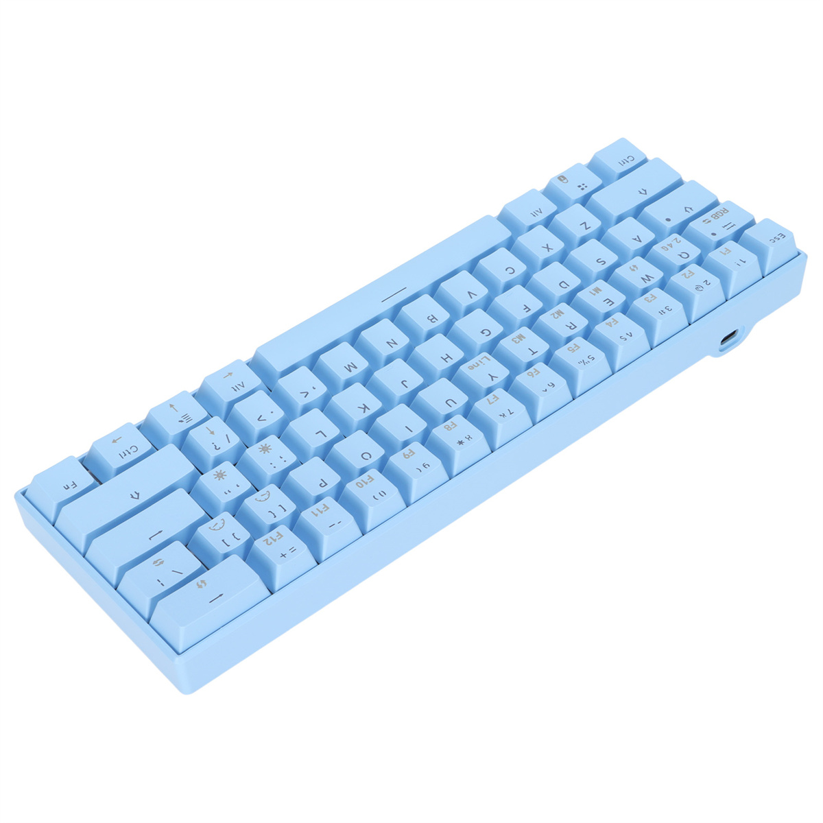 Eine hellblaue Tastatur mit weißen Tasten. Sie hat ein kompaktes Design und ist abgewinkelt.