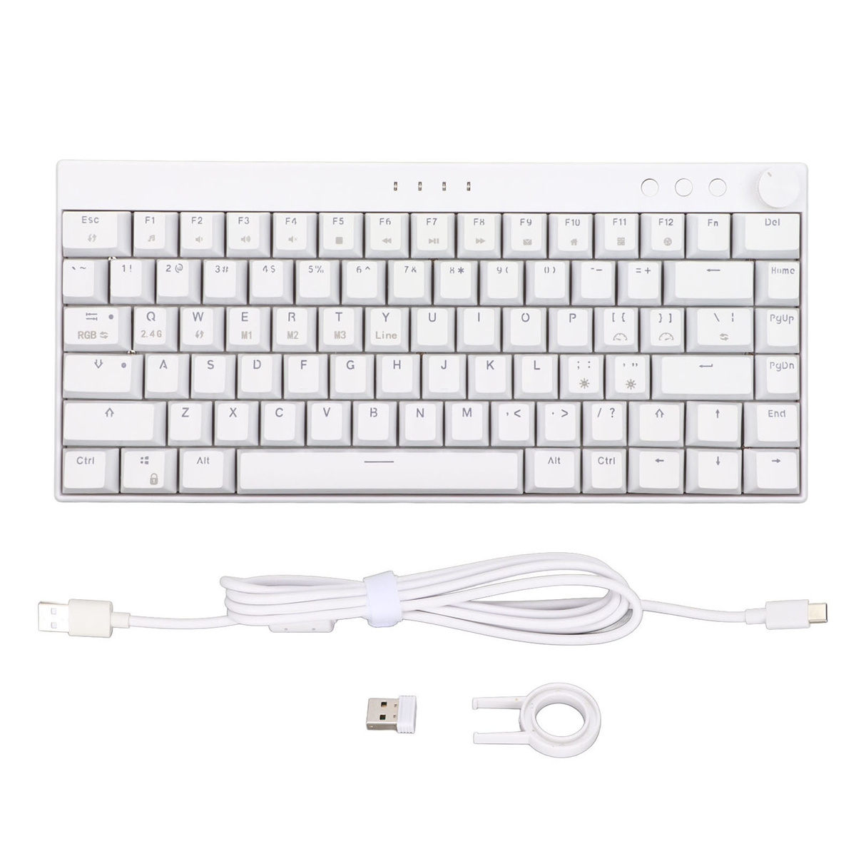 Weiße Tastatur mit schwarzen Tasten und einem USB-Kabel. Zubehör ist enthalten.