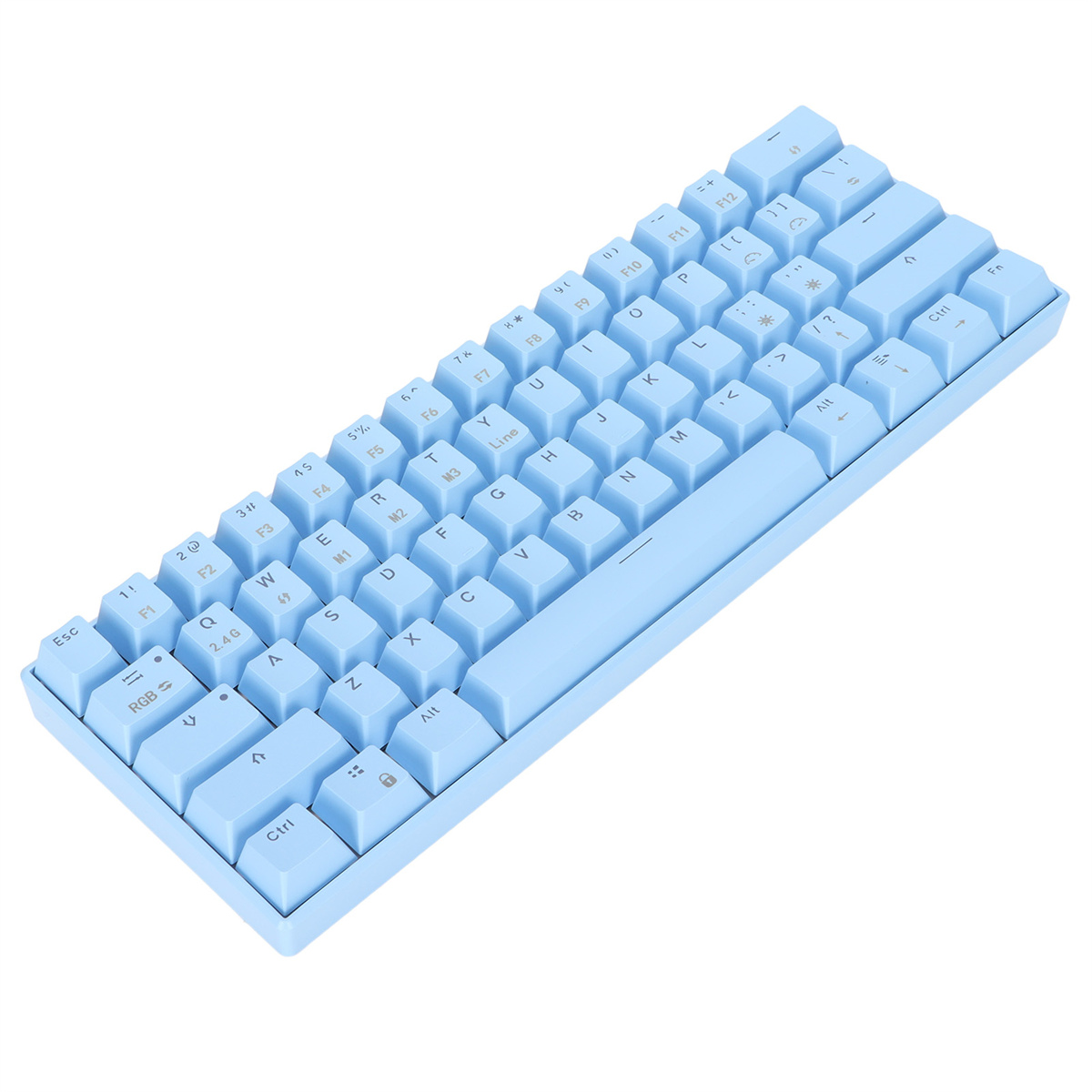 Eine hellblaue Kompakt-Tastatur mit weißen Tastenkappen, in Reihen angeordnet.