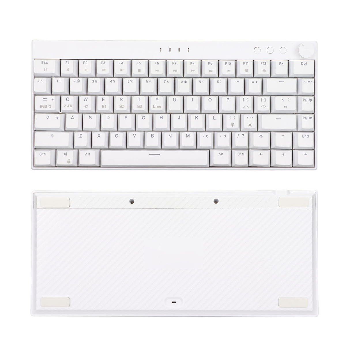 Eine weiße Tastatur mit mehreren Tasten. Die obere und untere Ansicht werden gezeigt.