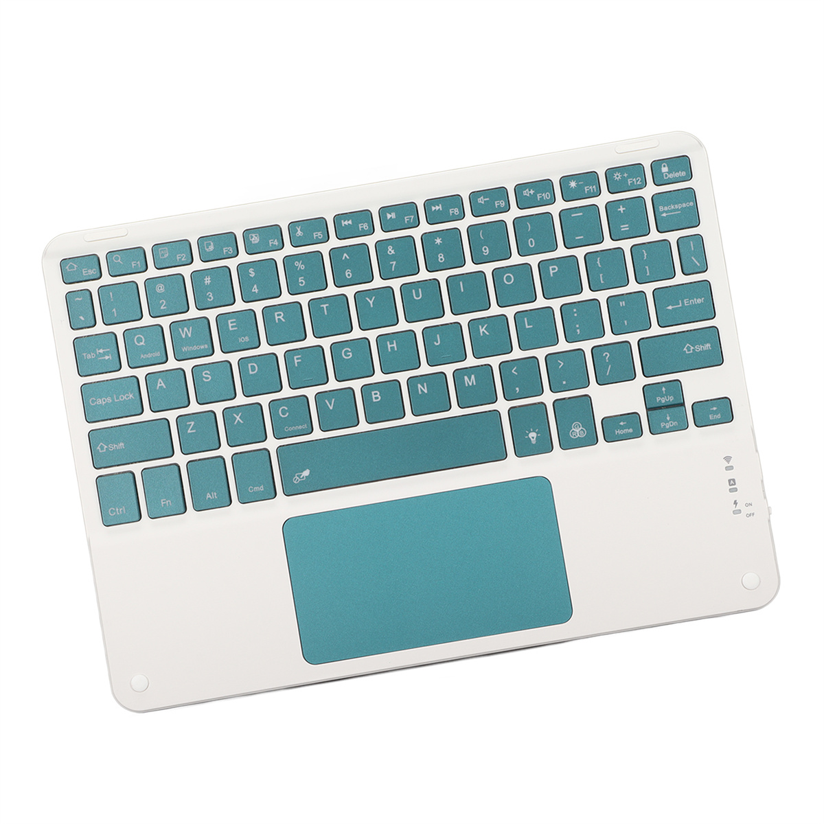 Weiße Tastatur mit türkisblauem Trackpad und Tasten für verschiedene Funktionen.