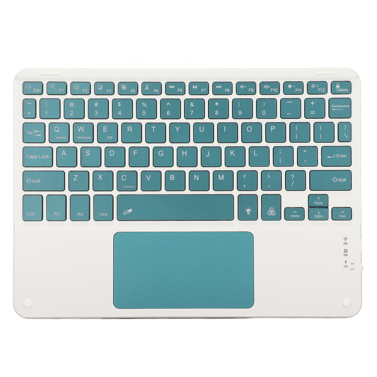 Weiße Tastatur mit türkisfarbenen Tasten und Touchpad, Draufsicht.