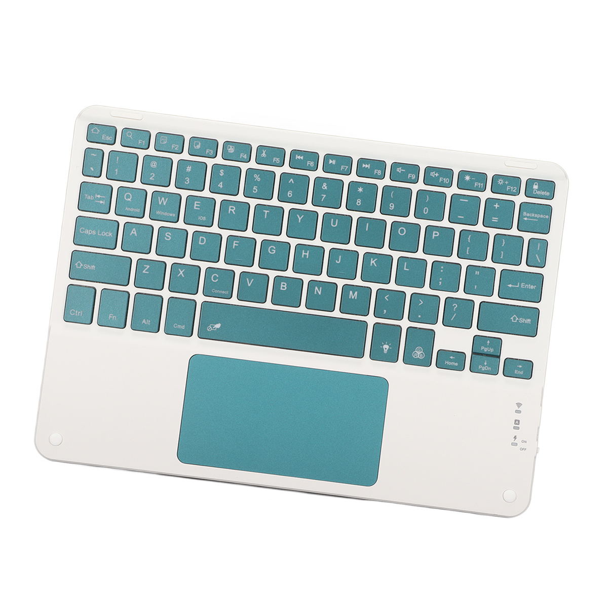 Weiße Tastatur mit blauem Touchpad. Die Tastatur hat ein einfaches Design.