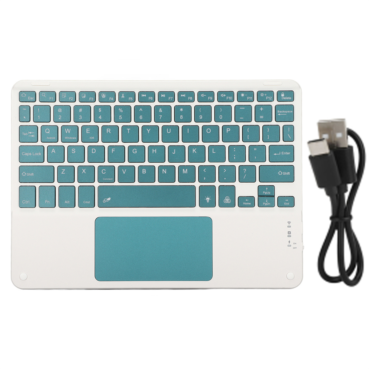 Eine weiße und türkisfarbene Tastatur mit USB-C-Kabel auf weißem Hintergrund.