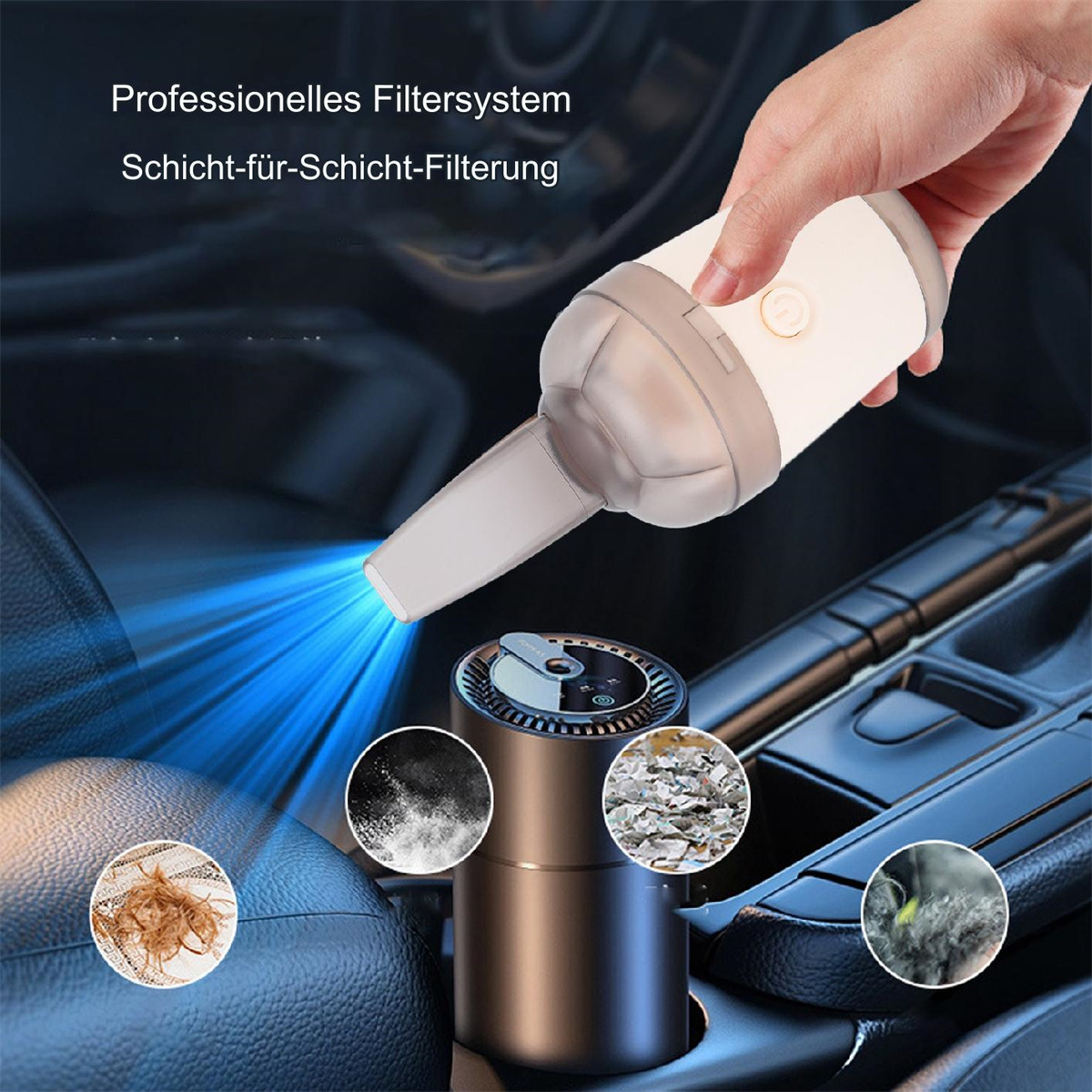Eine Person, die einen kleinen Staubsauger zur Reinigung eines Autoinnenraums verwendet, zeigt gesammelten Schmutz.