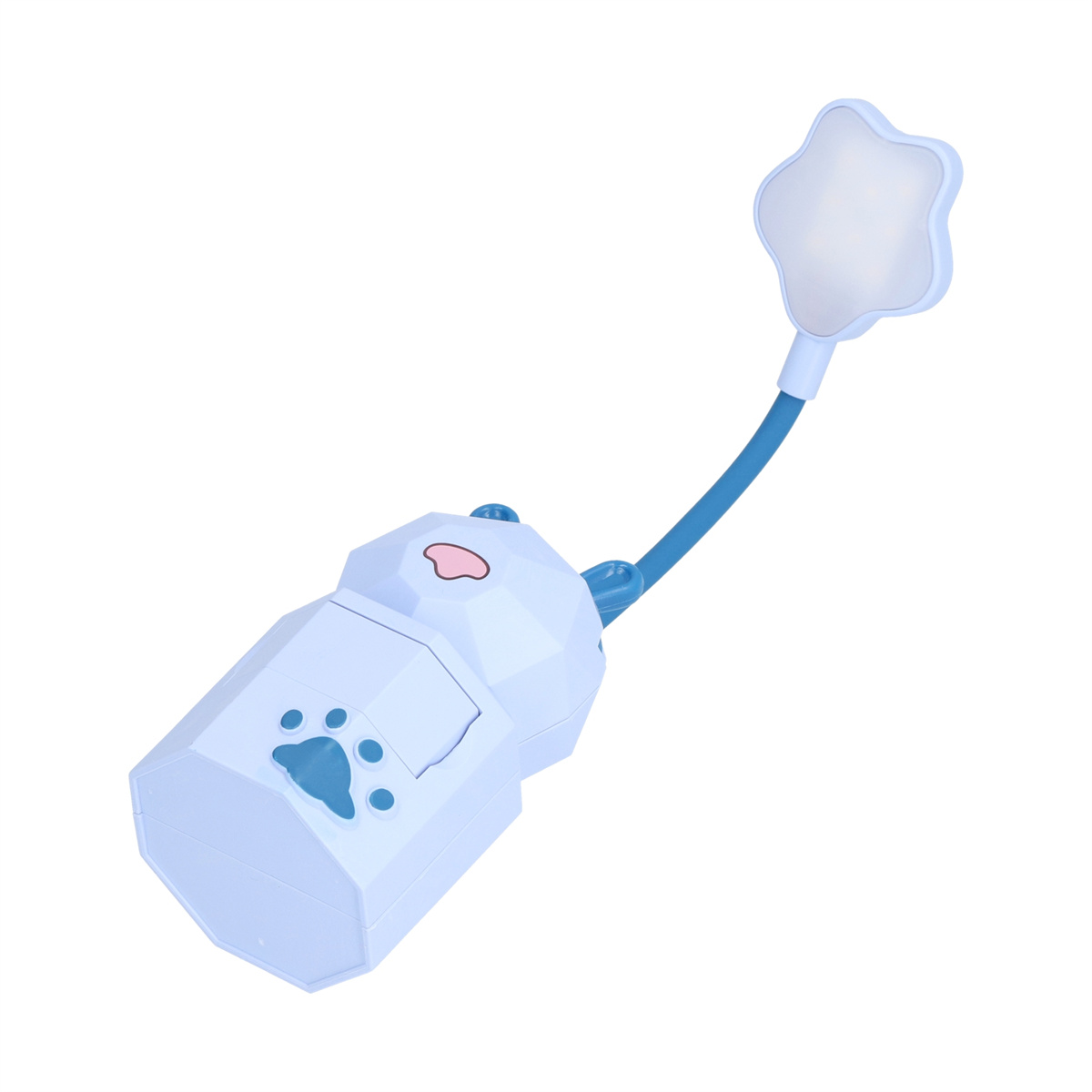 Eine hellblaue Cartoon-Lampe mit sternförmigem Licht. Die Lampe hat ein Pfotenabdruck-Design. Sie steht auf weißem Untergrund.