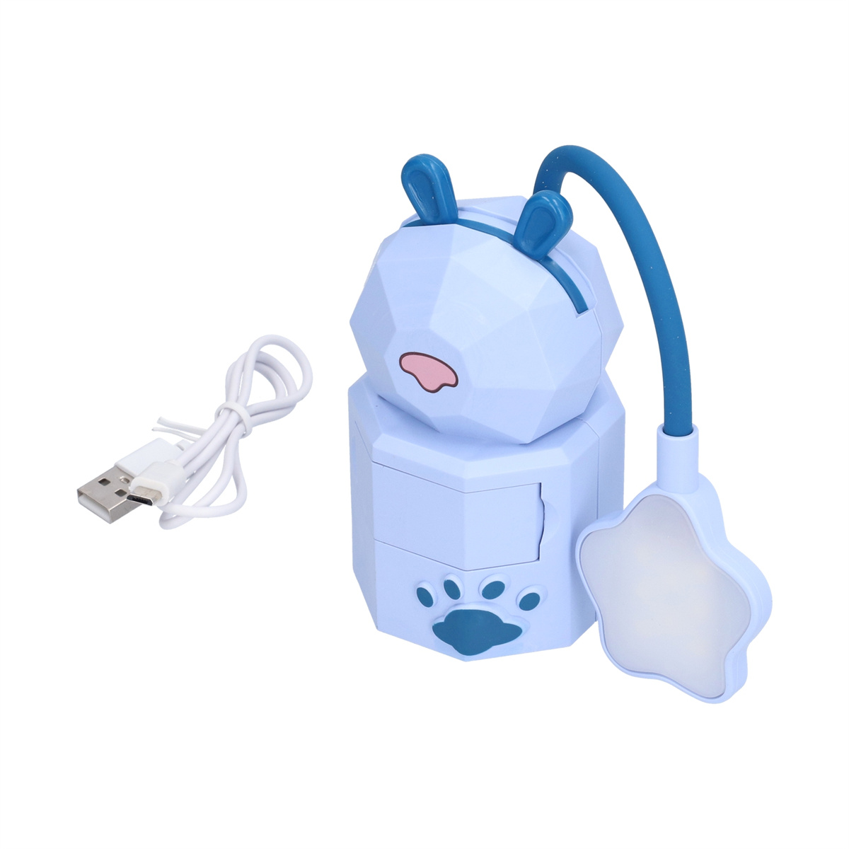 Eine blaue, cartoonartige Lampe in Form eines Bären mit sternförmigem Licht. Ein USB-Kabel ist vorhanden.