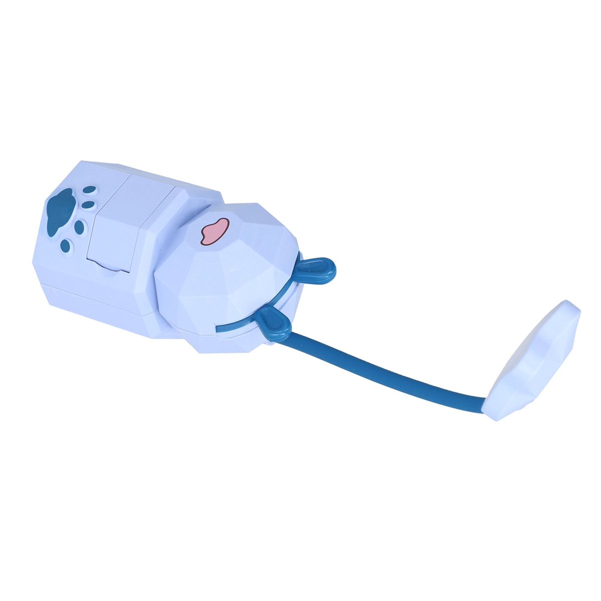 Ein blau-weißes Spielzeug mit blauem Kabel auf weißer Oberfläche. Es hat ein hundeähnliches Design.