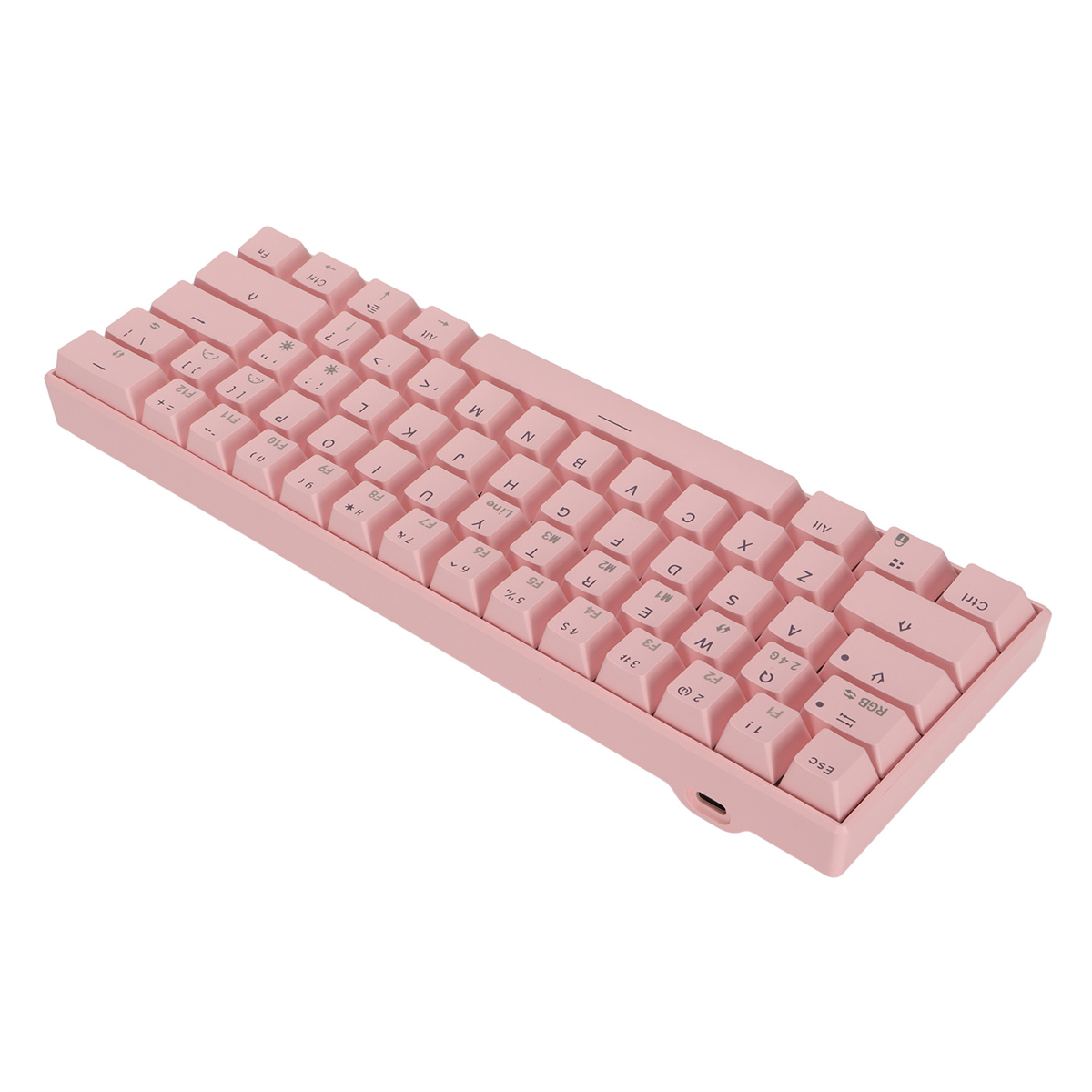 Eine pinke Tastatur mit weißen Tasten. Sie hat ein kompaktes Layout. Die Tastatur befindet sich auf weißem Hintergrund.
